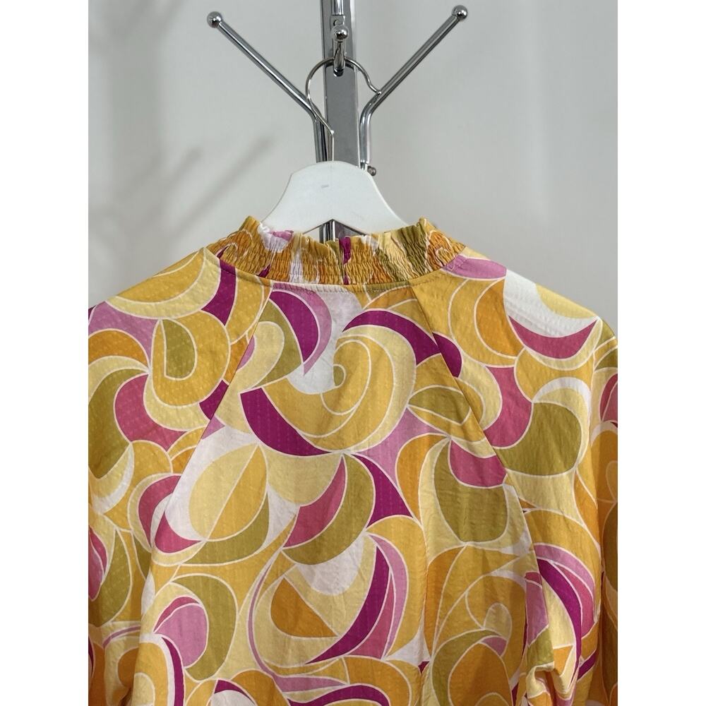 THML Women’s Yellow Pink Abstract Swirl Puff Sleeve V-Neck Blouse Top Size M - Picture 6 of 13